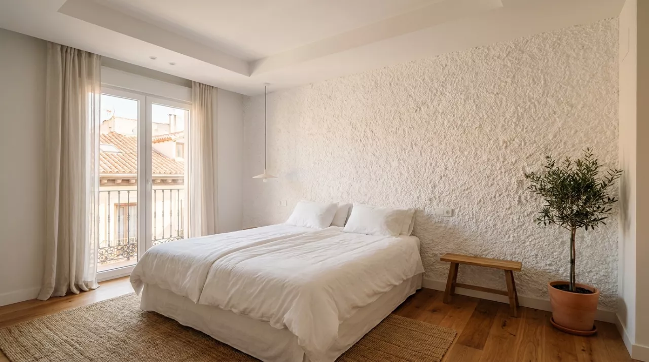 Dormitorio con paredes de gotelé antes de la obra